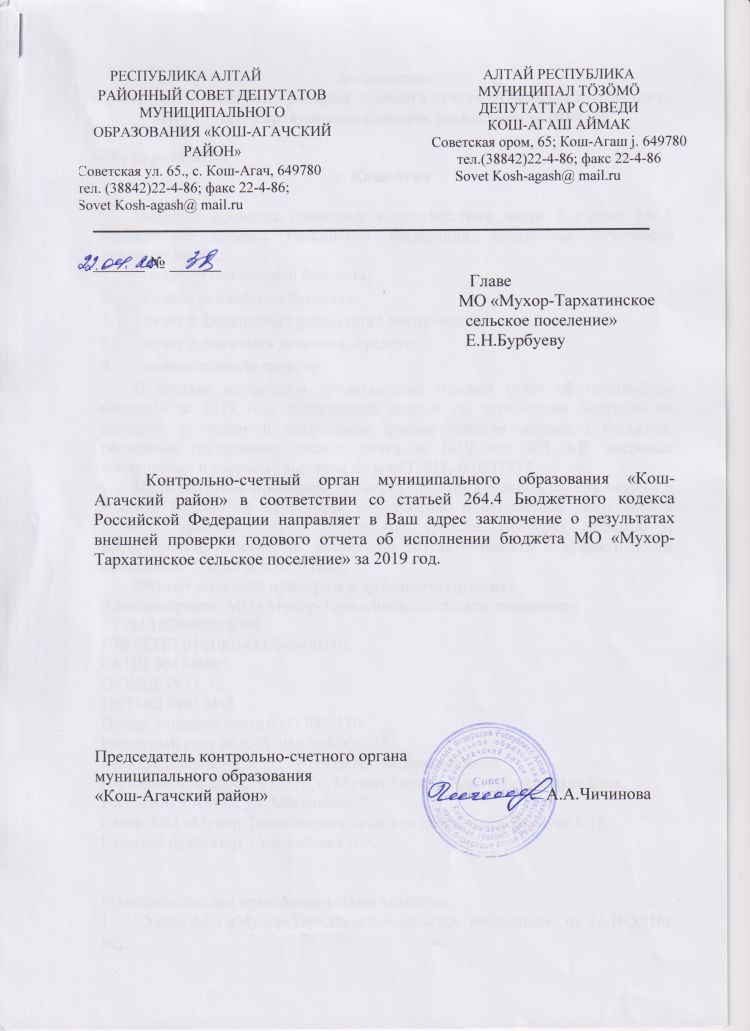Заключение о результатах внешней проверки годового отчета об исполнении бюджета МО "Мухор-Тархатинское сельское поселение" за 2019 год